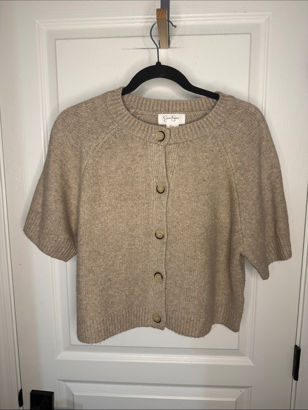 Jessica Simpson Short Sleeve Button Cardigan in Taupe Heather